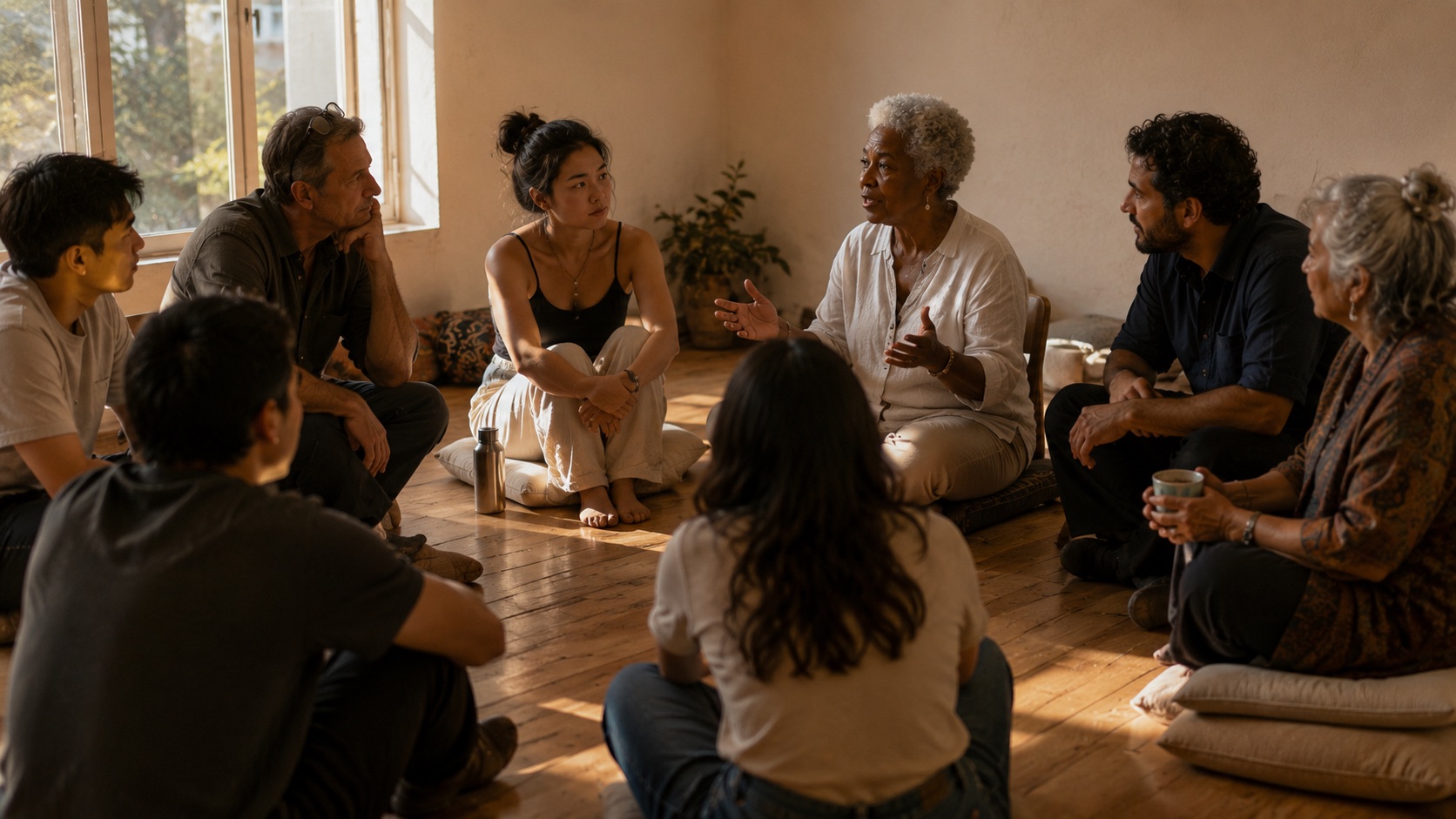 A circle of people of different ages seated on cushions and chairs in warm evening light, one silver-haired woman mid-sentence, everyone turned toward her