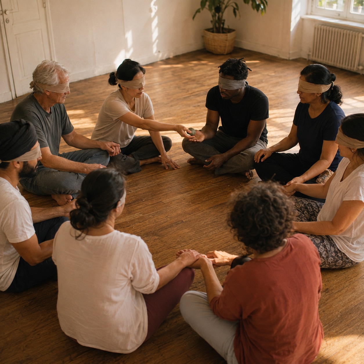 A circle of people of different ages seated on a wooden floor wearing soft cloth blindfolds, one passing a small object to the next by touch