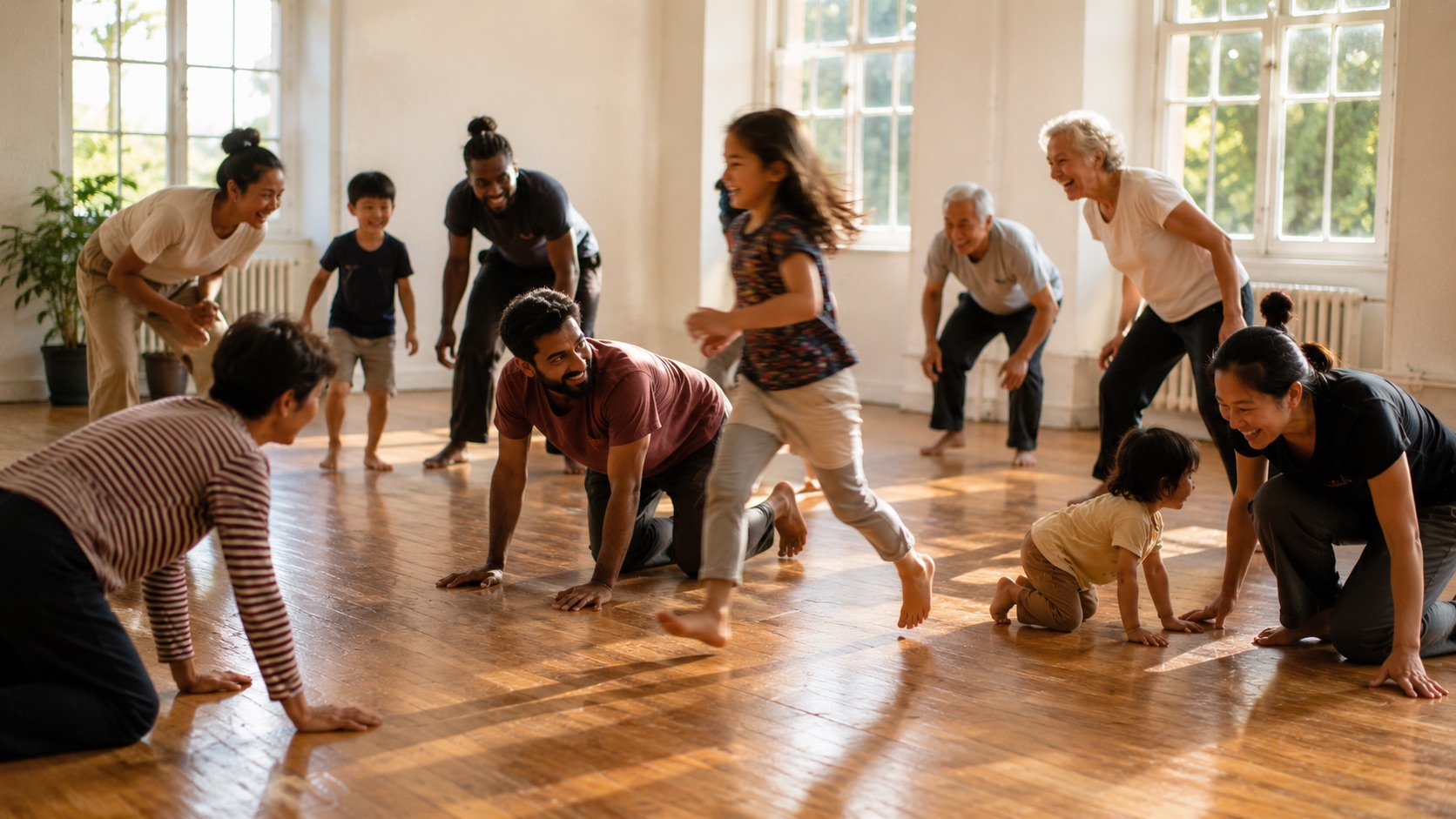 Adults and children crossing a bright hall floor together on all fours, one child running past, grandparents laughing at the far side