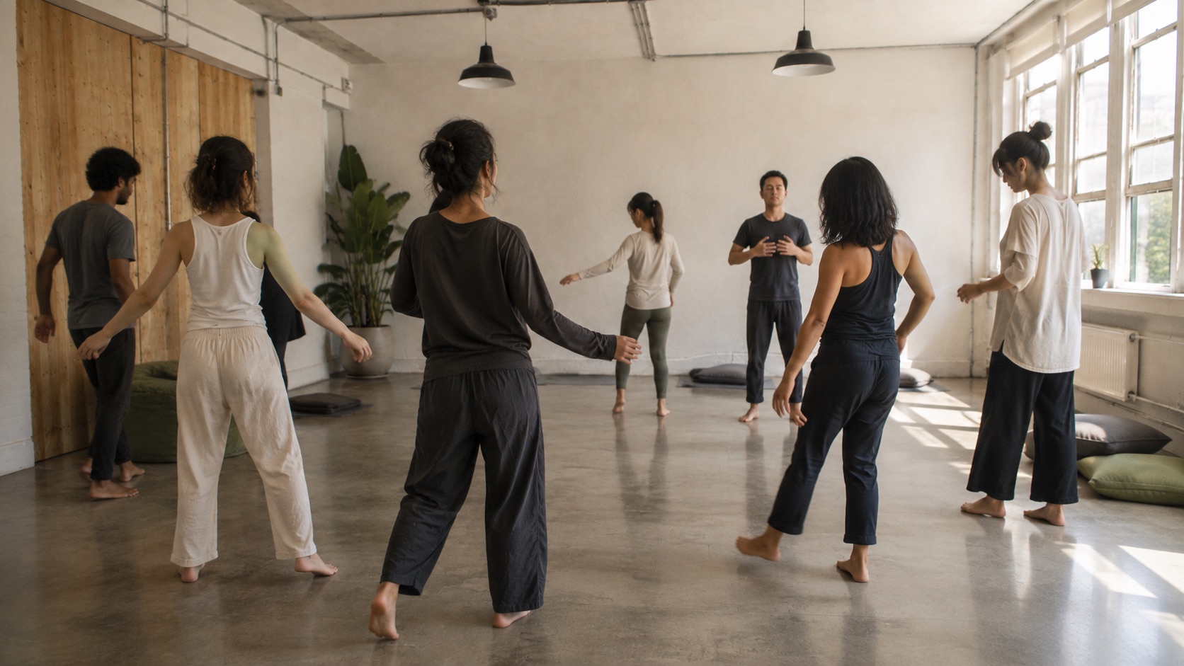 A small group in gentle movement across the studio floor, barefoot, backs to camera