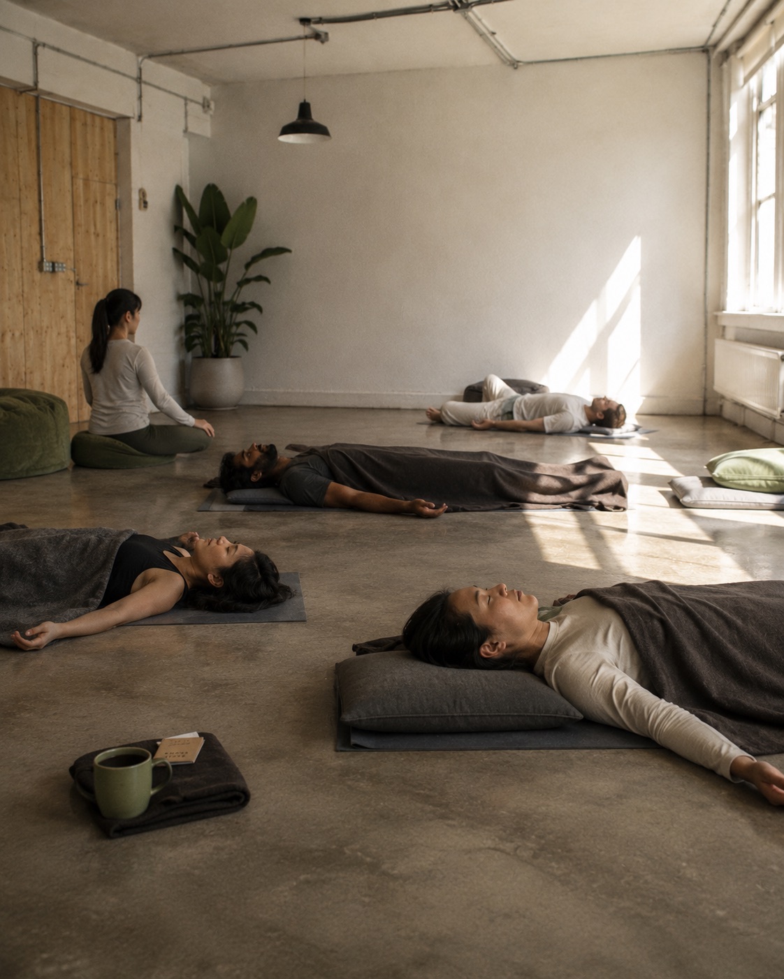 People lying at rest on mats under blankets in low daylight, a mug and a card set down nearby